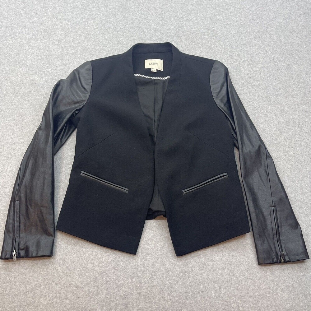 Ann Taylor LOFT Jacket Women Petite 2P Black Open Blazer Coat Faux Leather Prep